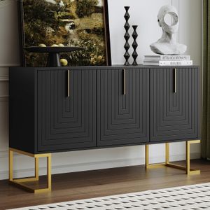 Buffet moderne avec étagères réglables - 3 portes à motif de U - poignées et base en métal - Noir