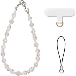 Chaîne De Téléphone Portable Court - Pendentif Perles Cristal - Dragonne Universelle - Blanc Et Noir