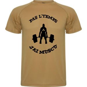 T-SHIRT MAILLOT DE SPORT T-shirt humour musculation 'Pas l'temps j'ai muscu' - Sable - Manches courtes - Fitness - Respirant