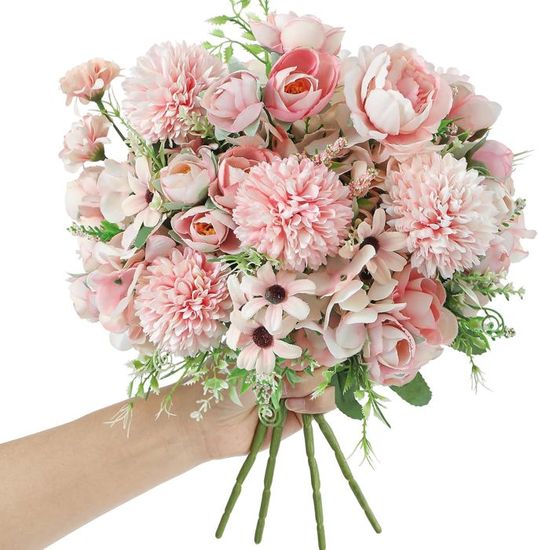 Rikyo Lot De 4 Bouquets De Fleurs Artificielles En Soie, Bouquet De 30,5 Cm Et Feuilles Vertes Pour Fête à La Maison, Mariage, Festival, Décoration Avec 10 Fleurs Par Bouquet (bord Rouge