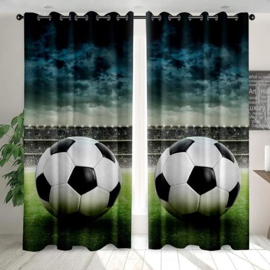 Rideaux Occultants à œillets Motif Football 3D - 220x215cm (2x110cm), Bleu, Pour Chambre D'enfant Ou Salon