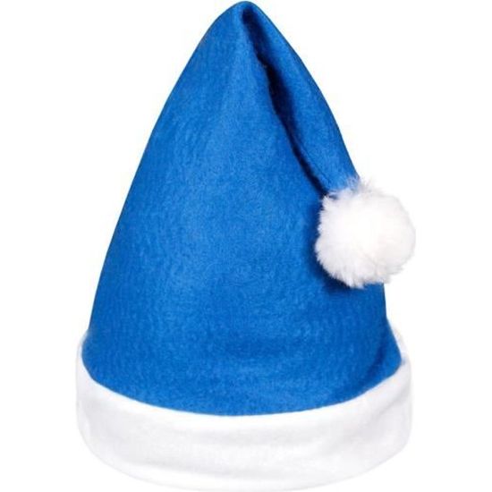 Bonnet de Père Noel pas cher Coloris bleu et blanc (wm-31) avec pompon, taille unique convenable pour adultes homme et femme et