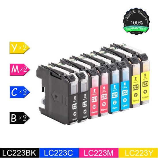 Lot De 8 Cartouches Compatibles Brother LC223/LC225/LC227 XL - 5 Noir, 1 Cyan, 1 Magenta, 1 Jaune