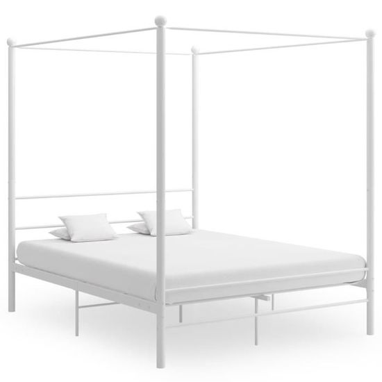 Lit à baldaquin classique 160x200 cm Queen Size - Blanc Métal - Cadre de lit à baldaquin pour 2 personnes