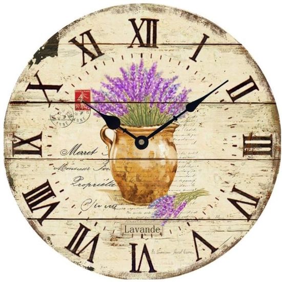 30 CM Horloge Pendule Murale Silencieuse Style Vintage Fleur Lavande Parfait pour Cuisine Salon et Office 318
