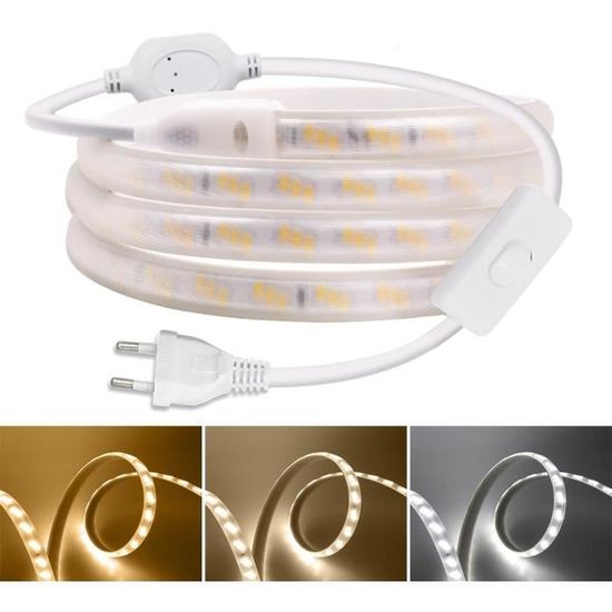 XUNATA Lumière Au LED COB Autocollant, 288Leds/m IP65 étanche 230V Super Lumineux Bandeau Flexible Ruban LED Light Strip Pour Escalier, Chambre, Noël, Fête, Etc (Blanc, 5M