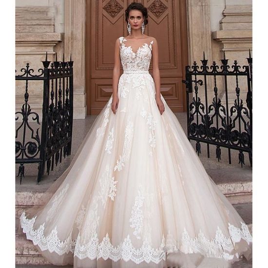 Robes de mari e blanches L 2020 automne et hiver nouvelle mari e envelopp e paules taille fine dentelle tra nante robe de mari