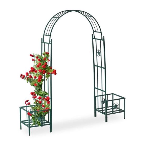 Relaxdays Arcade de rosiers, pergola plantes grimpantes, 2 bacs jardinière, HxlxP 226 x 204 x 45 cm, vert