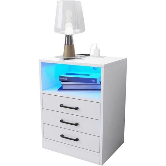 Table De Chevet Blanc OXFENSEE Table De Chevet Lot De 2 LED, Table De Nuit Avec Station De Charge Chevet De Lit Avec 2 Ports Usb Avec 2 Tiroirs Table D Appoint