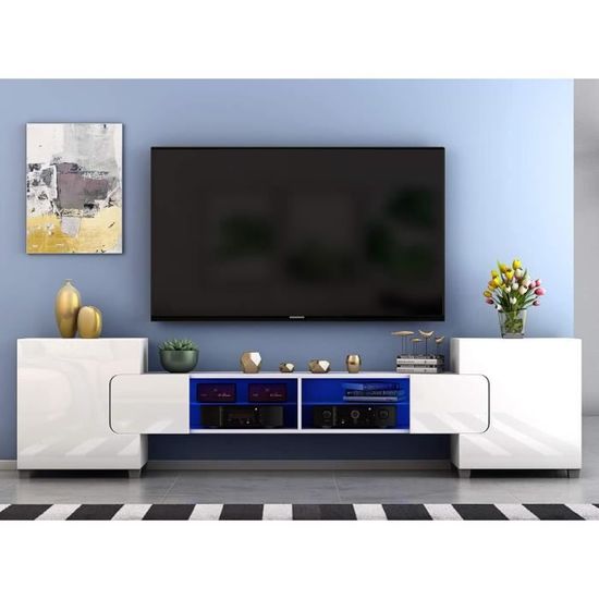 Meuble TV Blanc Avec LED RGB 120cm - Meuble Télé Avec Rangement Et Éclairage Ambiance