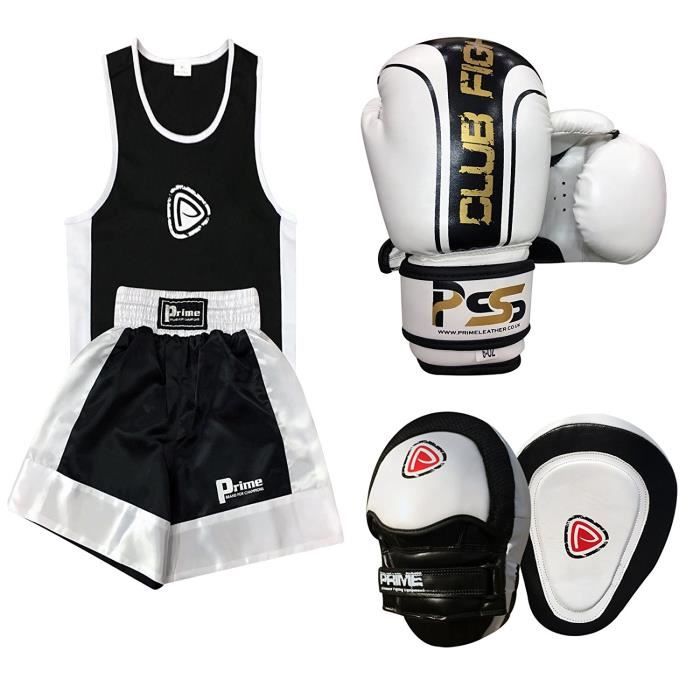 UNIFORME DE BOXE POUR ENFANTS AVEC LA TENUE (HAUT + SHORT) 5-6 ANS, LA PAIRE DE GANT TAILLE :6oz ET 2 PATTES D’OURS – BLANC