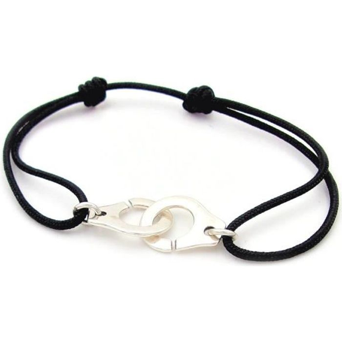Bracelet menotte argenté cordon noir