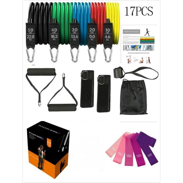 17pcs Bandes de résistance Set, 5 Tubes en Latex élastiques Professionnels, Poignée en mousse et ancres et sangles de cheville.