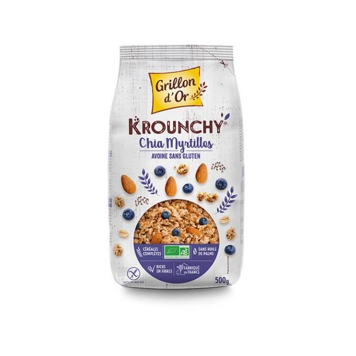 Krounchy chia myrtille avoine sans gluten 500gr - Grillon d'or