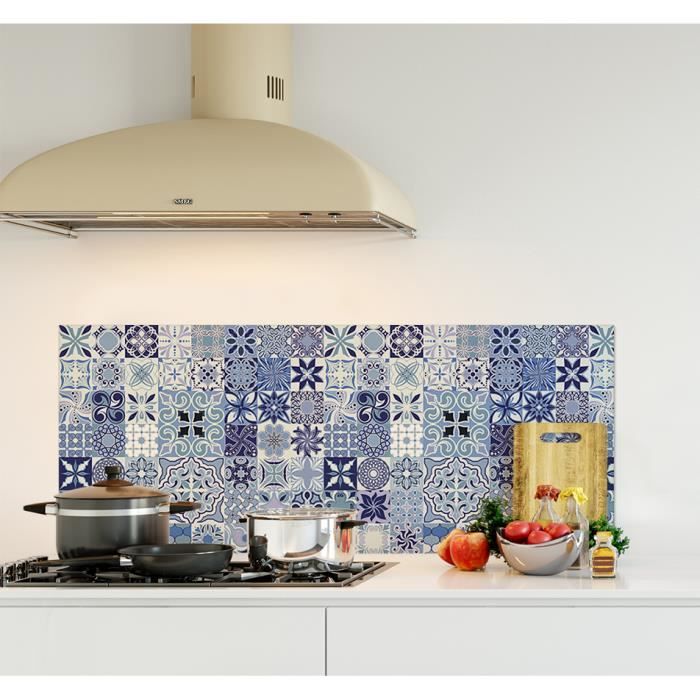 Crédence de cuisine adhésive en Verre de synthèse -Carreaux de ciment bleus- L. 120 x H. 50 cm