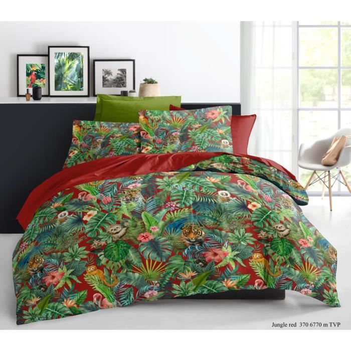 Housse de couette JUNGLE RED 220X240 + 2 taies d'oreillers- parure de lit 220x240- housse de couette 220x240