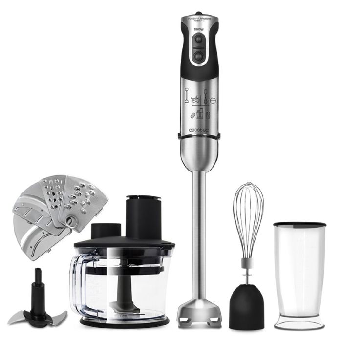 Cecotec Mixeur Plongeant Powerfull Titanium 1000 Pro. Pied XL, 21 Niveaux et Turbo, Revêtement en Titane, 7 Accessoires , 1000 W.