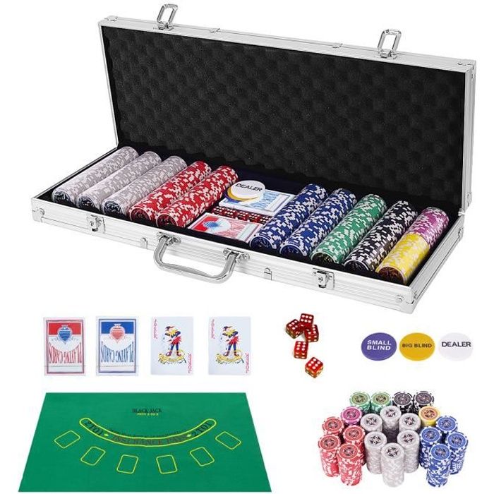 DREAMADE Malette Professionnelle de Poker, Coffret de Poker en Aluminium avec 500 Jetons Laser, 2 Paquets de Cartes, 5 Dés&Tapis
