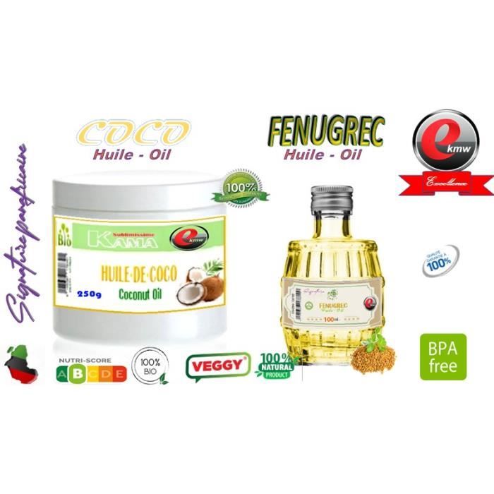 Huile de coco 250g- sélection panafricaine et Huile de fenugrec 100ml