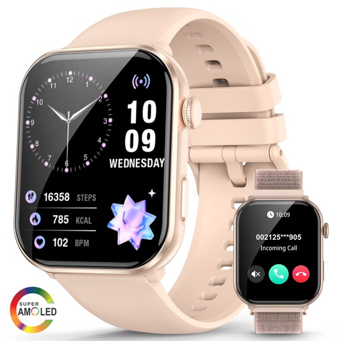IOWODO Montre Connectée Femme d’Appel Bluetooth Assistant Vocal Lecteur Musique SpO2 Fonction Féminine Multi-Sports IOS Android Rose