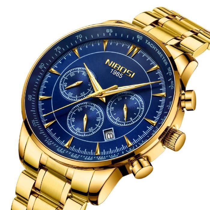 Montre homme calendrier chronographe motif soleil multifonction bracelet en acier étanche mode doré bleu classique