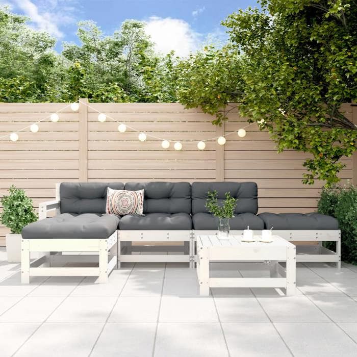 vidaXL Salon de Jardin 6 pcs Canapés avec Repose-pied Ensemble de Meubles avec Table Basse Patio Terrasse Rustique Blanc
