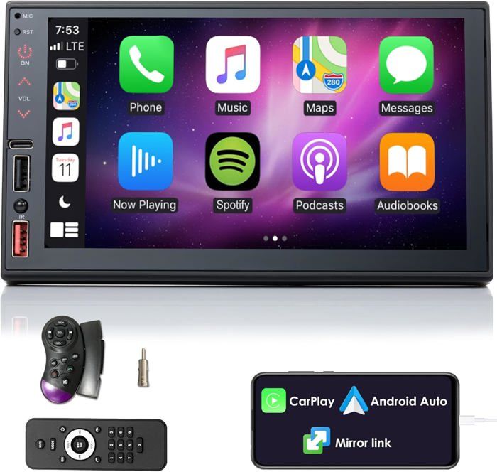 iFreGo Android Autoradio construit dans Carplay, 7 Pouces 2 Din Radio Dab, Bluetooth,AUX,WiFi,FM,Caméra De Recul, Contrôle au Volant,Radio pour Ford Focus/C-Max/S-Max/Galaxy/Fusion/Transit Connect
