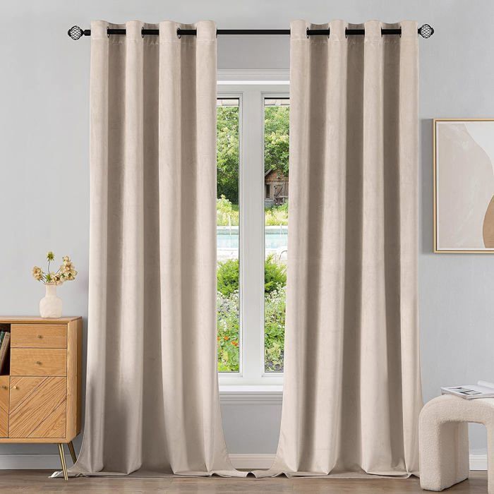 Rosnek Rideaux Velours, Doux Rideau Occultant Thermiques,Rideaux à Oeillets Élégant D'Isolant UV, Epais Rideau Velours Thermique, Moderne Chambre Maison Dressing, Beige L 132 X H 304 Cm, Lot De 2