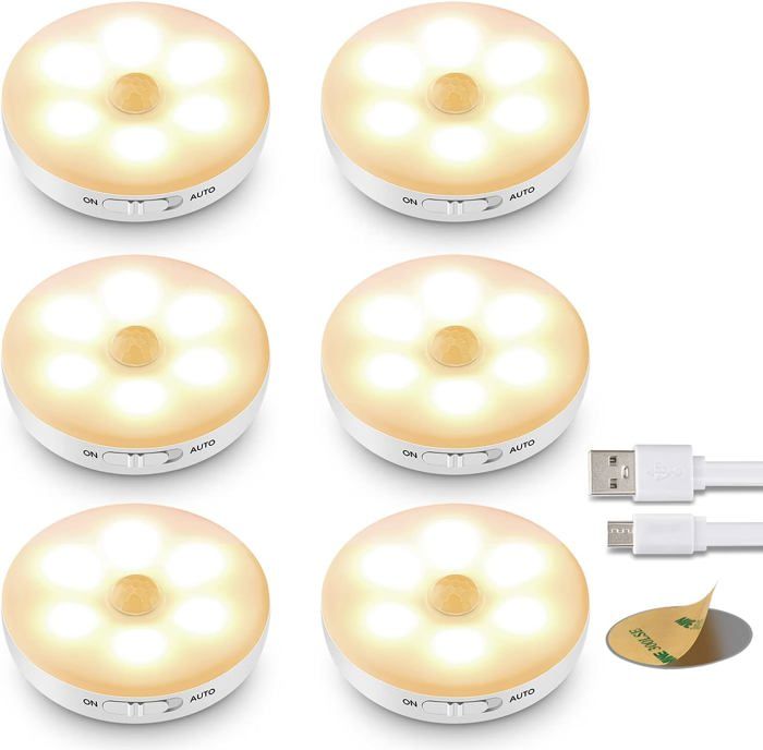 6 Veilleuses LED Rechargeables Avec Détecteur Mouvement - 3 Modes - Pour Escalier, Chambre, Couloir