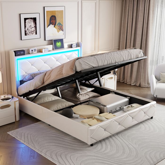 Lit en cuir synthétique blanc 140x200 cm avec LED rangement à gaz prise USB base à lattes