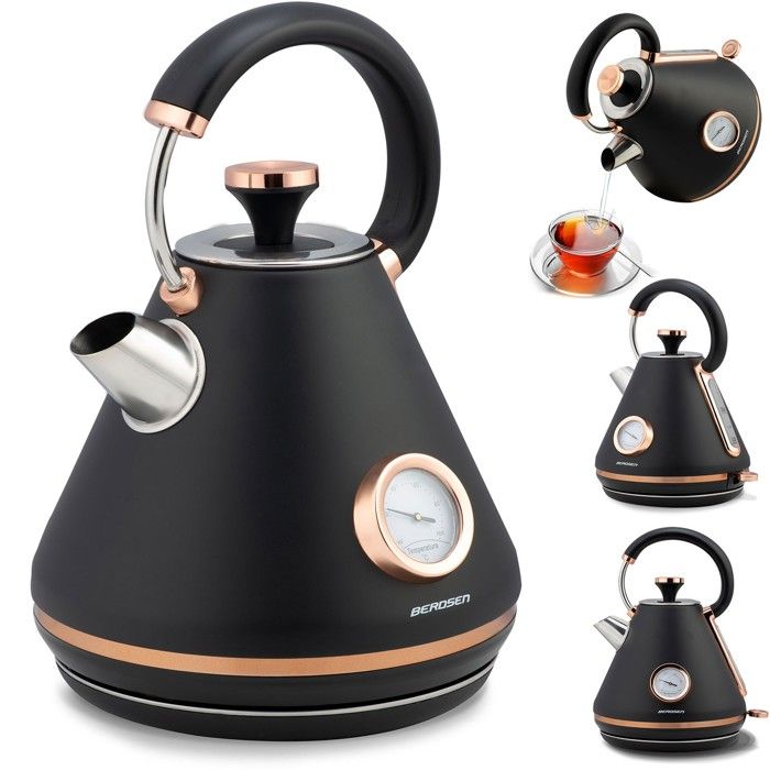 Bouilloire électrique rétro - JANSHOP - 17L - Thermomètre intégré - Noir - Couvercle amovible - Base pivotante 360°