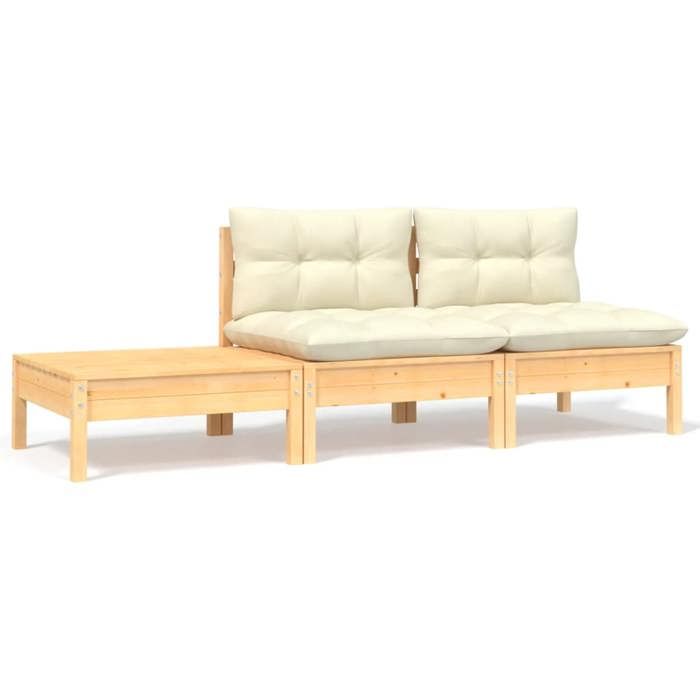 Set meubles d’extérieur - BONNIE - Salon de jardin 3 Pièces avec coussins - crème - bois de pin massif - 635 x 635 x 625cm LLDS30