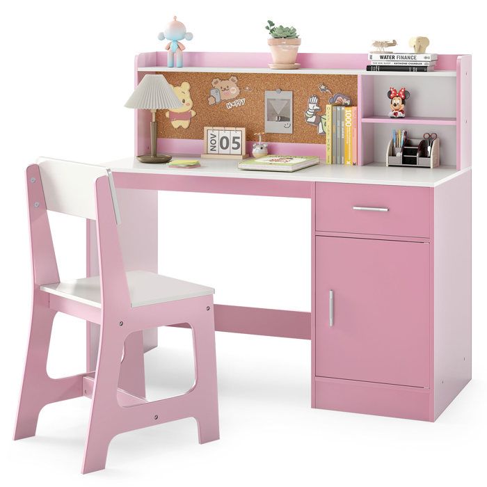 COSTWAY Ensemble Bureau Enfant Fille avec Chaise Étagère Tiroir Tableau en Liège& Armoire 5 Ans+ Table Enfant et Chaise Rose COSTWAY Ensemble Bureau Enfant Fille avec Chaise Étagère Tiroir Tableau en Liège& Armoire 5 Ans+ Table Enfant et Chaise Rose
