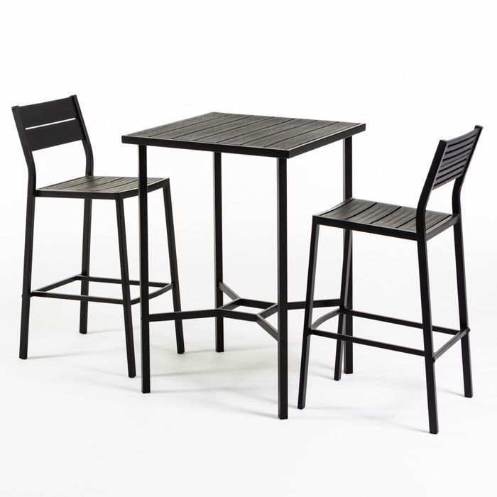 Ensemble d’extérieur DANTE & BEATRICE avec table 70x70 cm et 2 tabourets hauts structure en acier et assises effet bois