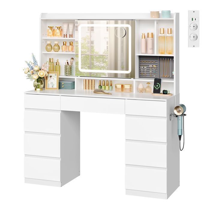 Coiffeuse avec Miroir LED Coulissant et Multiprise - WOLTU Grande Coiffeuse avec 9 Tiroirs - Blanc Coiffeuse avec Miroir LED Coulissant et Multiprise - WOLTU Grande Coiffeuse avec 9 Tiroirs - Blanc