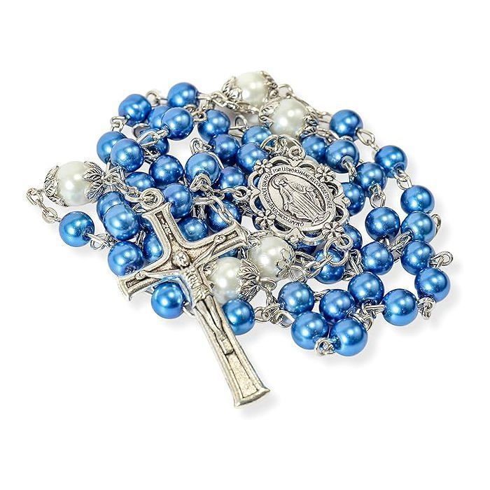 Nazareth Store Chapelet Verre Perle Bleu 6mm Perles Mystérieuses Blanches Médaille Miraculeuse Sac Velours Violet Inclus
