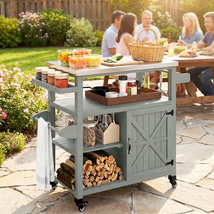 Desserte jardin chariot de barbecue sur roulettes avec plateau en acier inoxydable 107x495x925cm gris