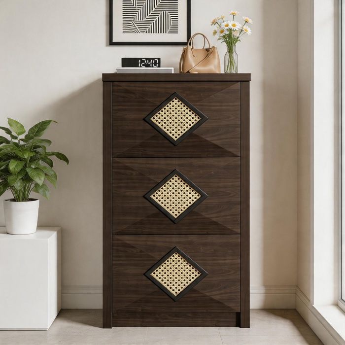 Armoire à chaussures - Vintage rotin losange - 3 compartiments rabattables - Aspect bois brun foncé - Gain de place 54x25x115 cm