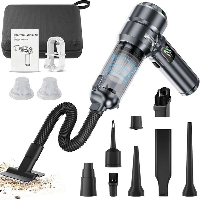 Aspirateur Voiture sans Fil Puissant 26000Pa Aspirateur à Main avec Vidage Automatique 1 Touche 3 Niveaux Gris Argenté