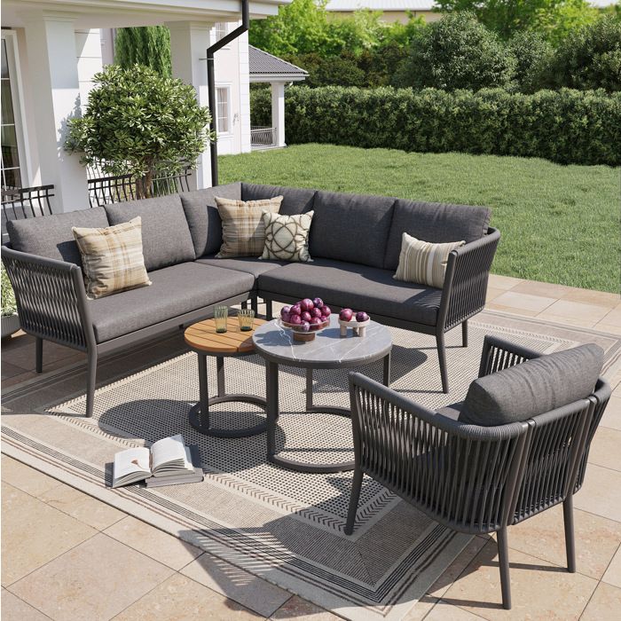 salon de jardin 5-6 personnes modulable avec 2 tables métal et oléfine gris