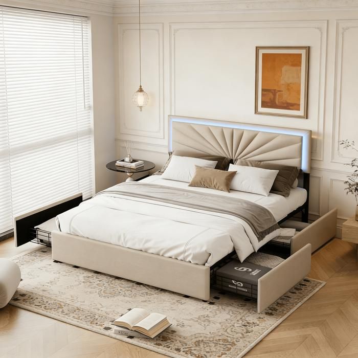 Lit adulte 160x200 cm avec sommier et 4 tiroirs Lit double capitonné avec éclairage LED Tête de lit réglable Lin Beige