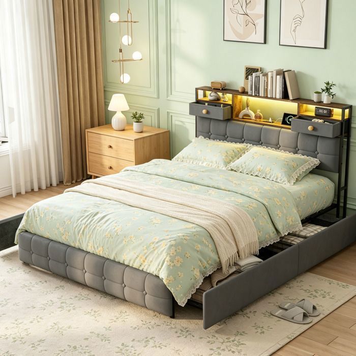 Lit double 140x190 cm avec 4 Tiroirs SORVAGLOSTête de Lit de Rangement avec LEDUSB/Type-C Sommier à LattesVelours Gris