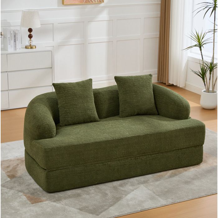 Canapé convertible 2 places AESVAR en chenille verte avec 2 coussins lit dappoint sans montage