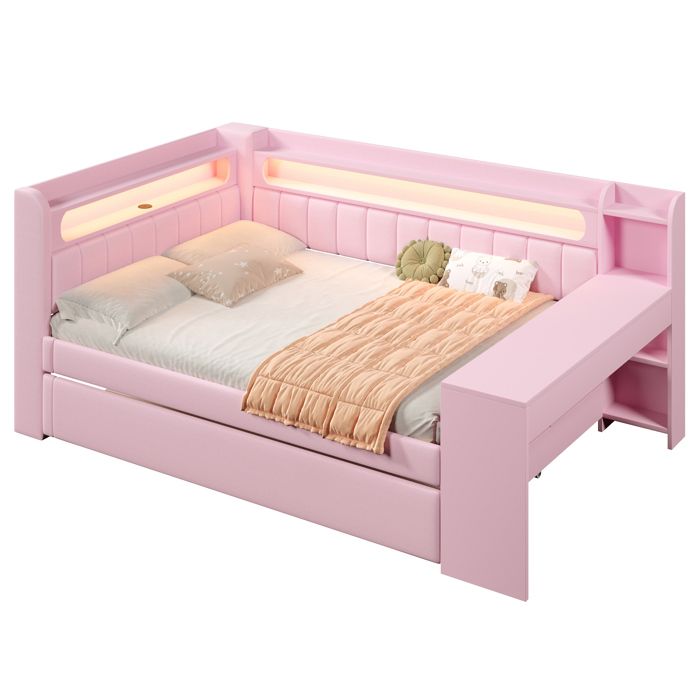 SENVIRO lit combiné rembourré 140 x 200 cm avec lit gigogne 90 x 190 cm bureau intégré étagères LED 7 couleurs ports USB rose