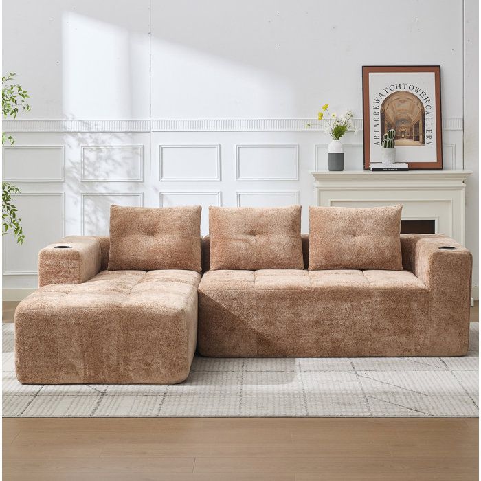 Canapé d’angle compressé 258 cm en chenille marron clair avec porte-gobelets et 3 coussins