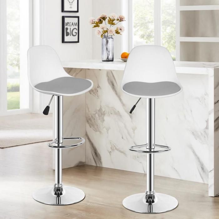 OHMG-Ensemble De 2 Tabourets Hauts De Bar-Poignée De Levage-Pour Comptoir+Bar-Coussin De Siège En PU-Blanc Principal-Gris Seconda