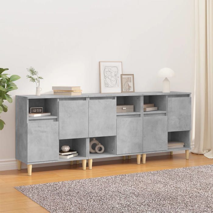 Lot de 3 buffets séjour - vidaXL - meuble de rangement - bois dingénierie - gris béton - 2 portes et 4 compartiments - Scandinave -