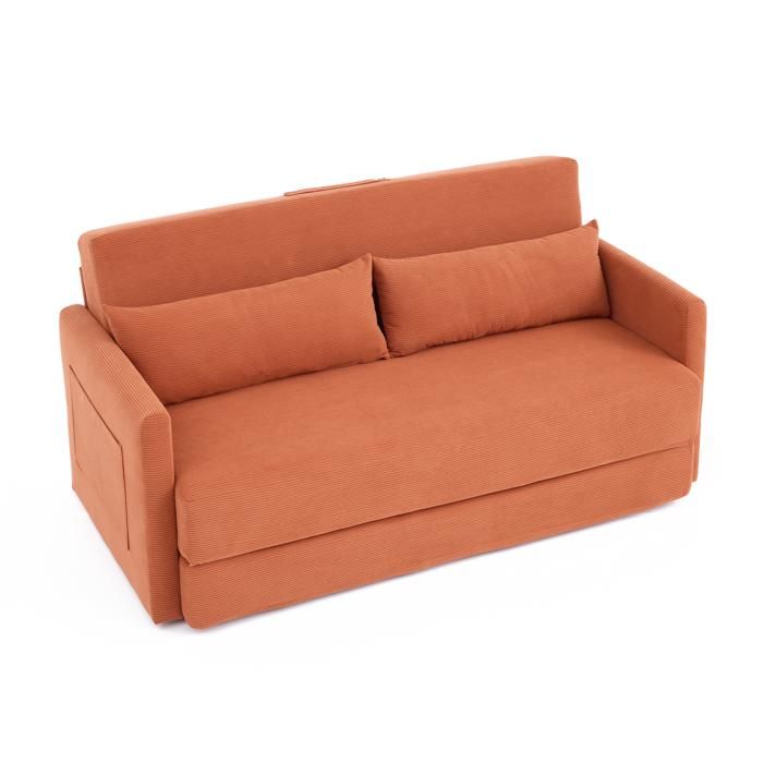 SENVIRO canape convertible 2 places 165 x 92 x 82 cm velours cotele avec 2 coussins lombaires et 2 poches laterales orange