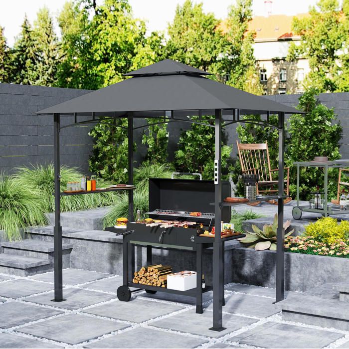 Abri barbecue gris en métal 243 x 148 x 248 cm double toit étagères latérales protection UV étanche et ignifugé