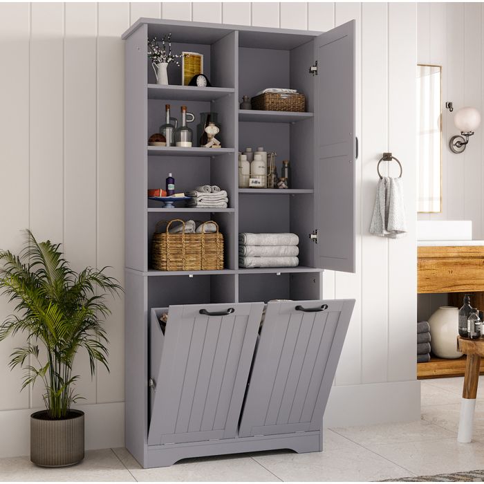 Colonne de salle de bain 78 x 35 x 172 7 cm en MDF laqué gris avec double panier à linge et étagères réglables VEVXYN